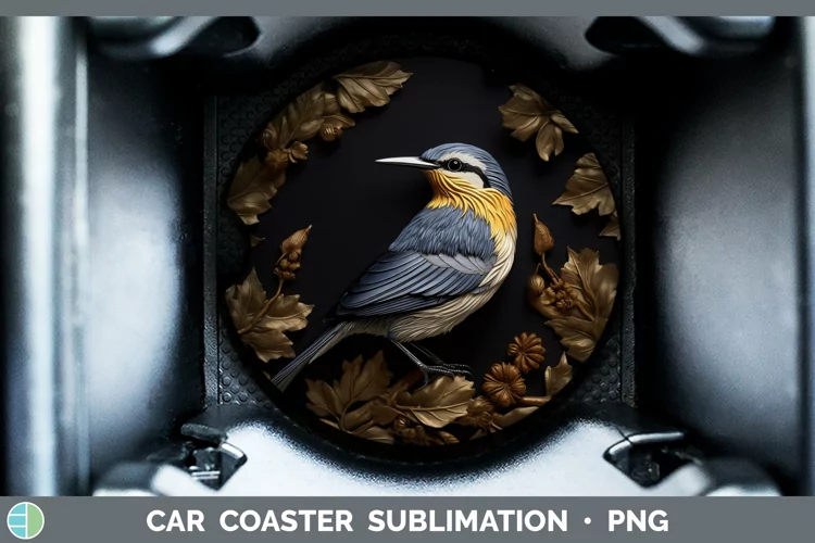 3D Black and Gold Nuthatch Car Coaster Sublimation Coaster D