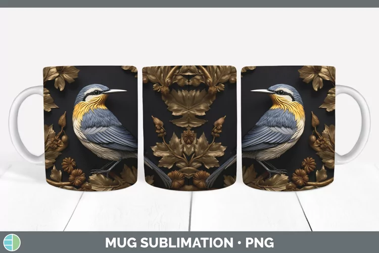 3D Black and Gold Nuthatch Mug Wrap Sublimation Coffee Cup D