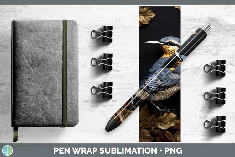 3D Black and Gold Nuthatch Pen Wrap Sublimation Epoxy Pen De