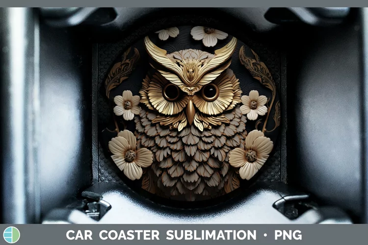 3D Black and Gold Owl Car Coaster Sublimation Coaster Design