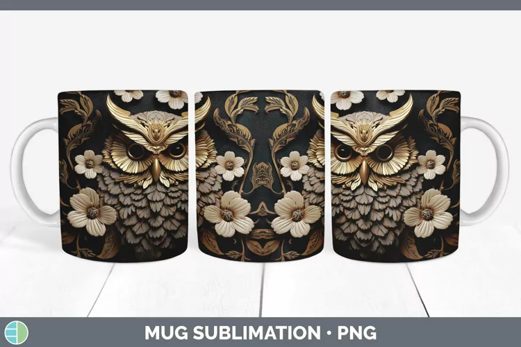 3D Black and Gold Owl Mug Wrap Sublimation Coffee Cup Design