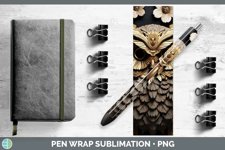 3D Black and Gold Owl Pen Wrap Sublimation Epoxy Pen Designs