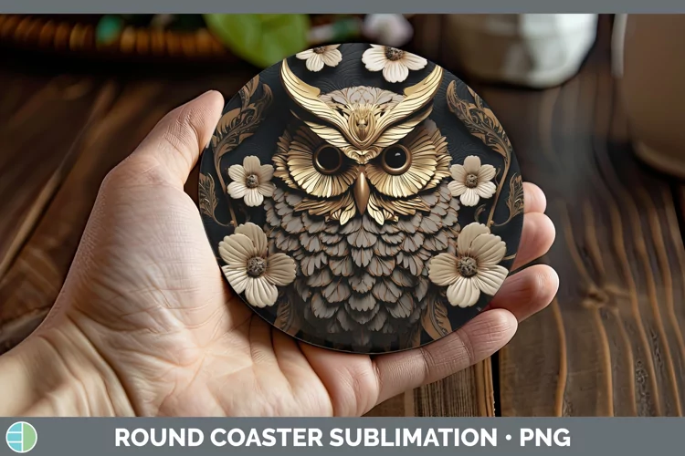 3D Black and Gold Owl Round Coaster Sublimation Coaster Desi