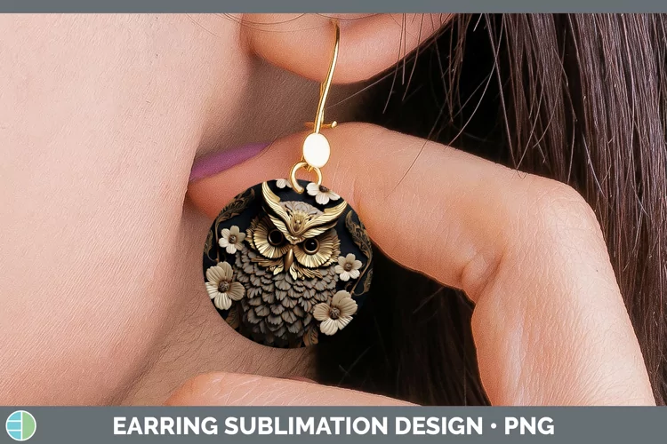 3D Black and Gold Owl Round Earrings Sublimation Earrings De