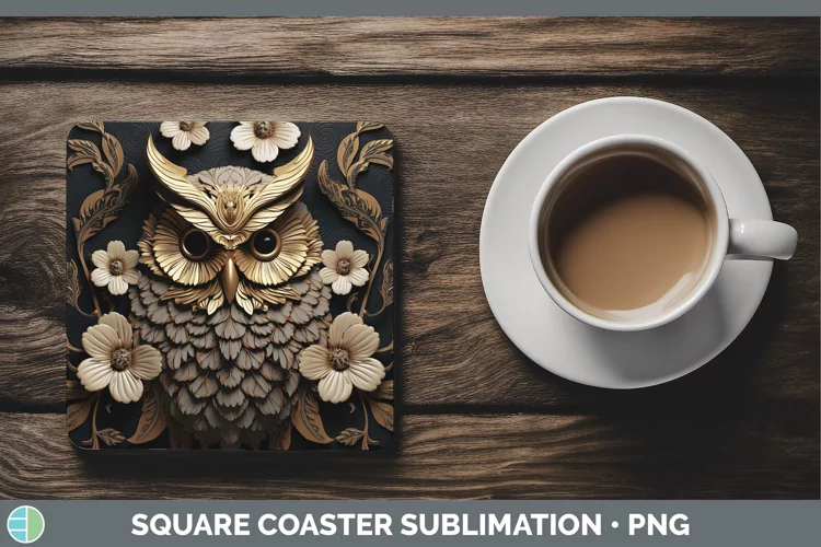 3D Black and Gold Owl Square Coaster Sublimation Coaster Des