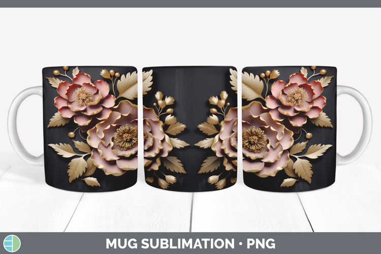 3D Black and Gold Peony Flowers Mug Wrap | Sublimation Coffe