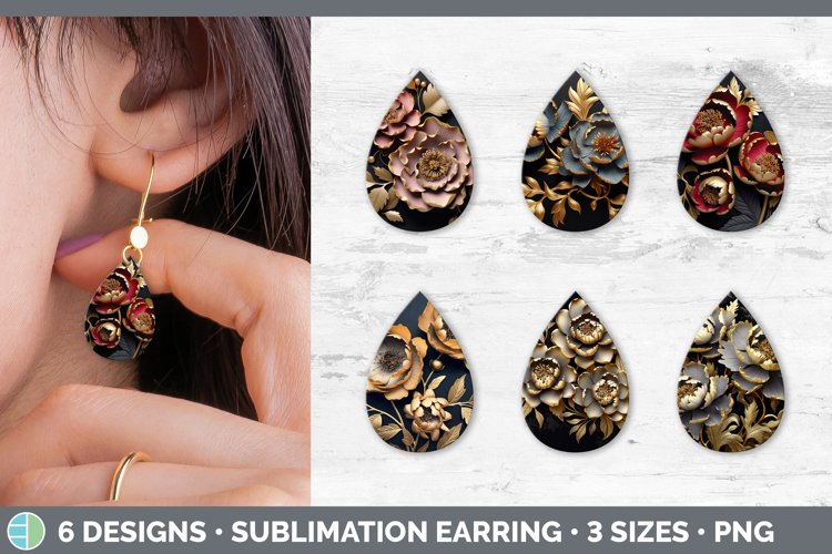 3D Black and Gold Peony Flowers Teardrop Earrings | Sublimat