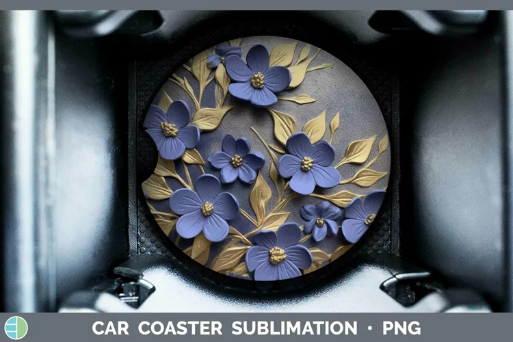 3D Black and Gold Periwinkle Car Coaster Sublimation Coaster