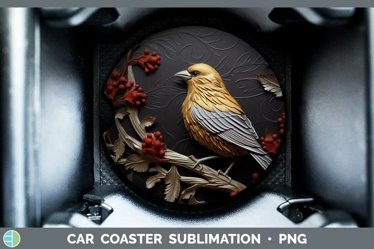 3D Black and Gold Pine Grosbeak Car Coaster Sublimation Coas