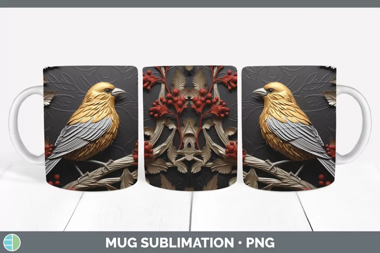 3D Black and Gold Pine Grosbeak Mug Wrap Sublimation Coffee