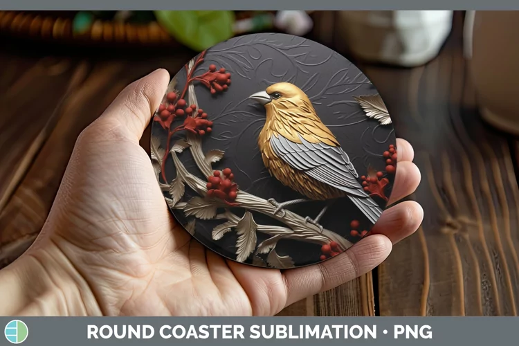 3D Black and Gold Pine Grosbeak Round Coaster Sublimation Co