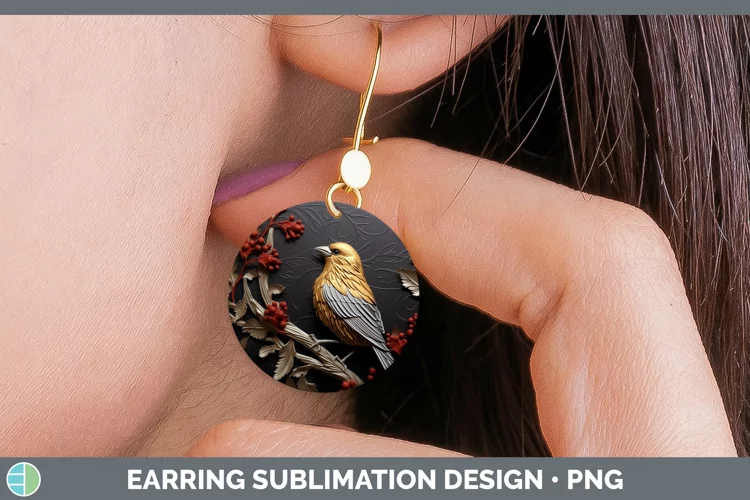 3D Black and Gold Pine Grosbeak Round Earrings Sublimation E