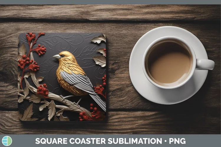 3D Black and Gold Pine Grosbeak Square Coaster Sublimation C