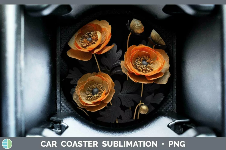 3D Black and Gold Ranunculus Car Coaster Sublimation Coaster