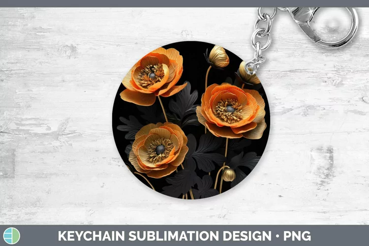 3D Black and Gold Ranunculus Keychain Sublimation Keyring De
