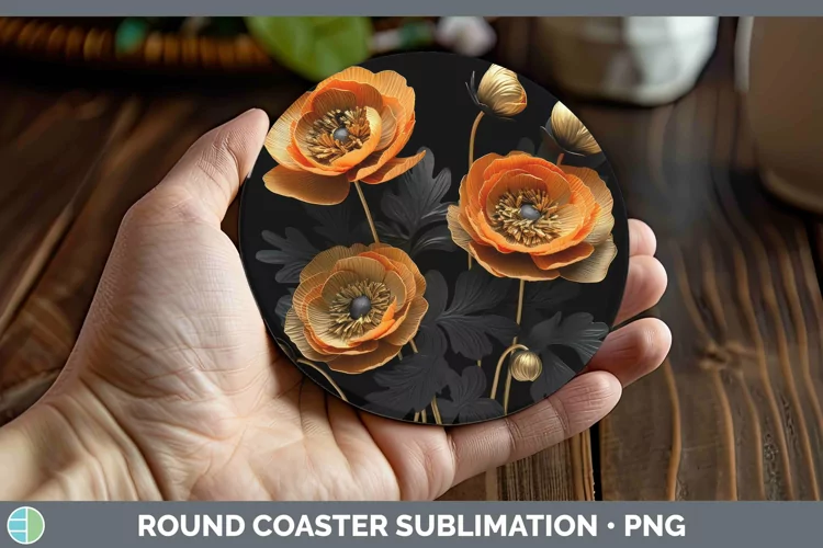 3D Black and Gold Ranunculus Round Coaster Sublimation Coast
