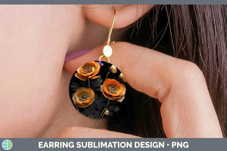 3D Black and Gold Ranunculus Round Earrings Sublimation Earr