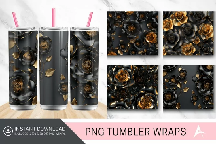3D Black and Gold Roses Tumbler Wrap