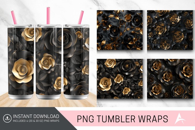3D Black and Gold Roses Tumbler Wrap example image 1