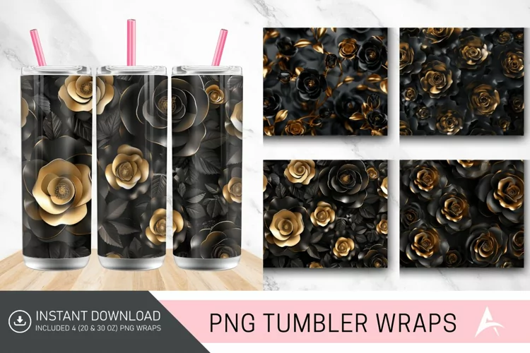 3D Black and Gold Roses Tumbler Wrap