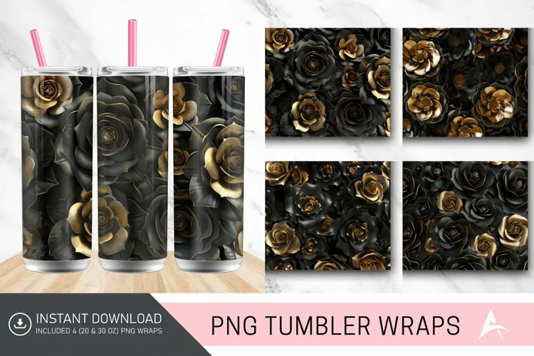 3D Black and Gold Roses Tumbler Wrap