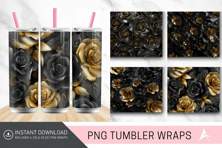 3D Black and Gold Roses Tumbler Wrap