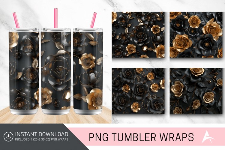 3D Black and Gold Roses Tumbler Wrap example image 1