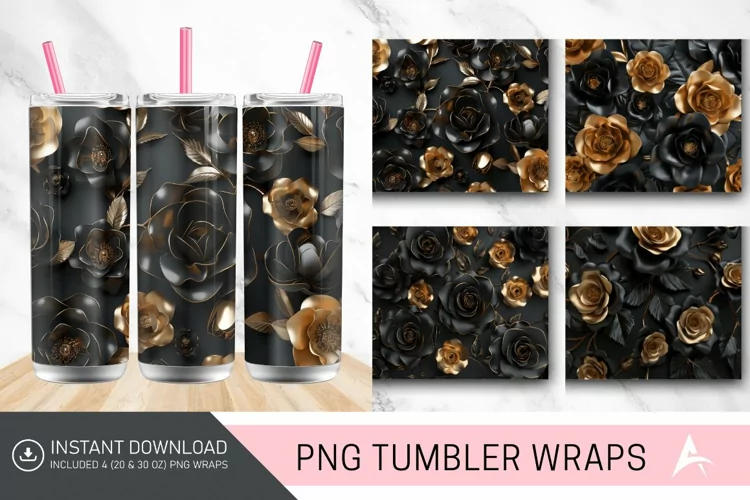 3D Black and Gold Roses Tumbler Wrap