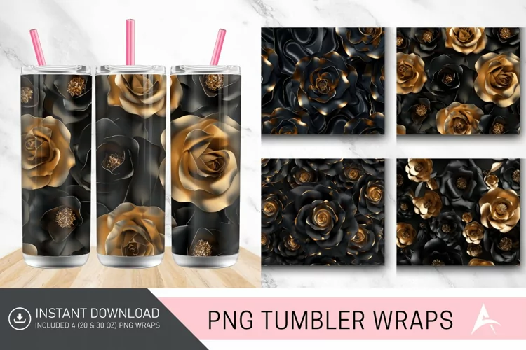 3D Black and Gold Roses Tumbler Wrap