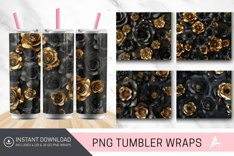 3D Black and Gold Roses Tumbler Wrap