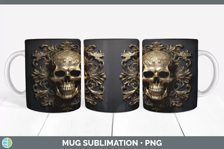 3D Black and Gold Skull Mug Wrap Sublimation Coffee Cup Desi