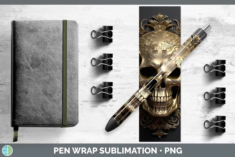 3D Black and Gold Skull Pen Wrap Sublimation Pen Designs
