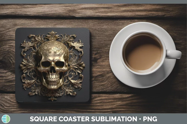 3D Black and Gold Skull Square Coaster Sublimation Coaster D