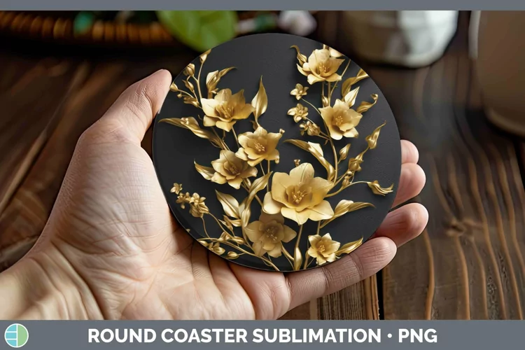 3D Black and Gold Snapdragon Round Coaster Sublimation Coast