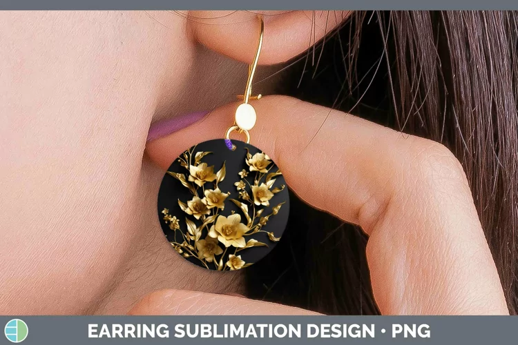 3D Black and Gold Snapdragon Round Earrings Sublimation Earr