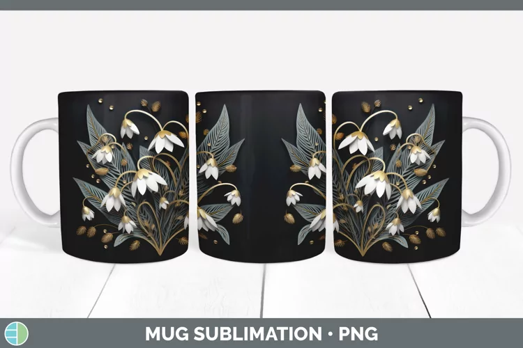 3D Black and Gold Snowdrop Flowers Mug Wrap | Sublimation Co