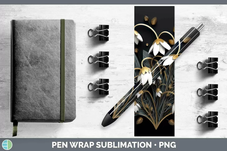 3D Black and Gold Snowdrop Pen Wrap Sublimation Epoxy Pen De