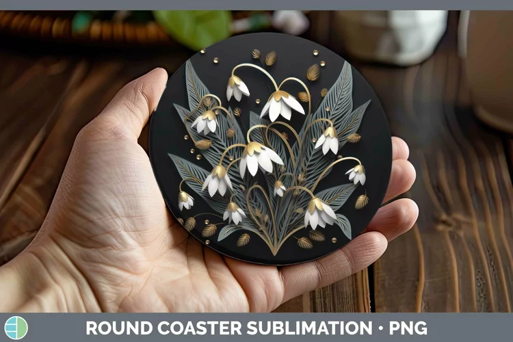 3D Black and Gold Snowdrop Round Coaster Sublimation Coaster