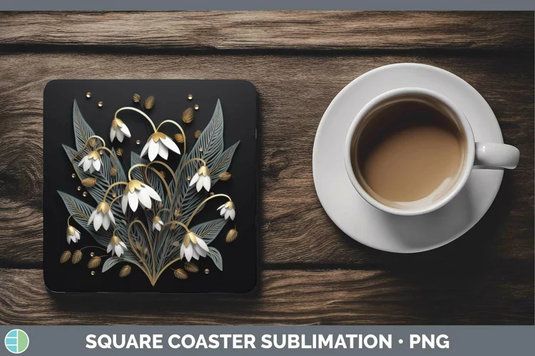 3D Black and Gold Snowdrop Square Coaster Sublimation Coaste