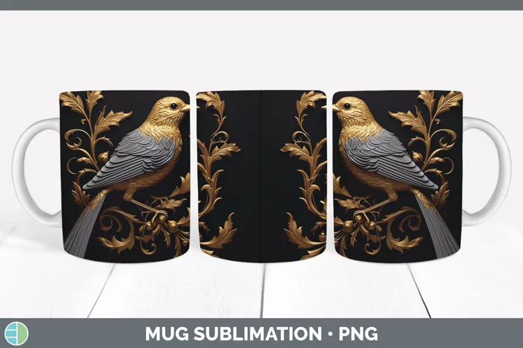 3D Black and Gold Sparrow Mug Wrap Sublimation Coffee Cup De