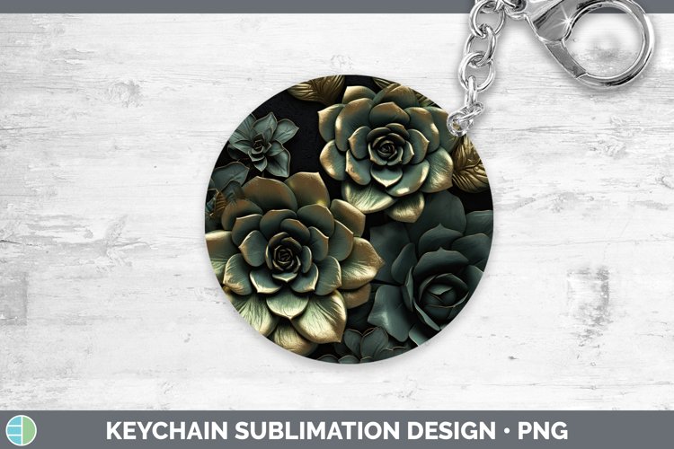 3D Black and Gold Succulent Keychain Sublimation Keyring Des