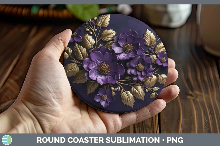 3D Black and Gold Violet Round Coaster Sublimation Coaster D