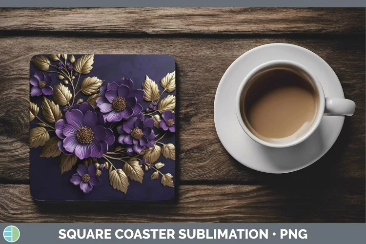 3D Black and Gold Violet Square Coaster | Sublimation Coaste