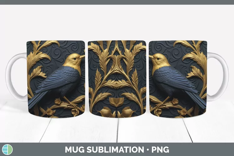 3D Black and Gold Warbler Mug Wrap Sublimation Coffee Cup De