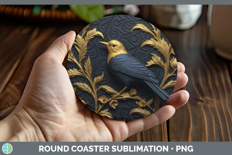 3D Black and Gold Warbler Round Coaster Sublimation Coaster