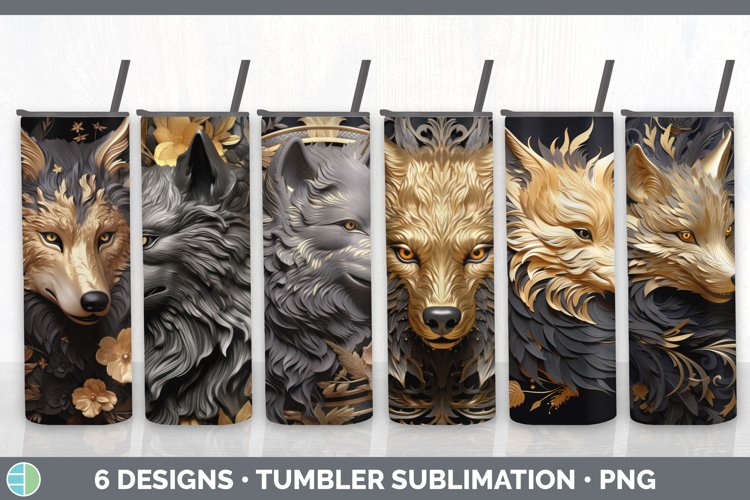 3D Black and Gold Wolf Tumbler | Sublimation 20 oz Skinny Tu