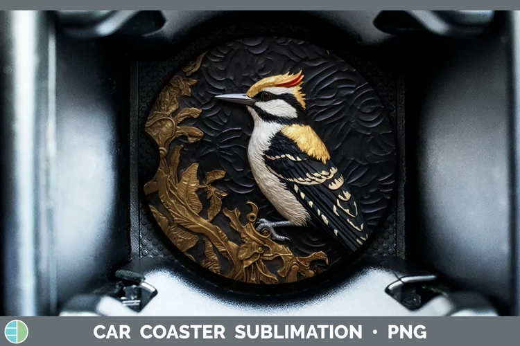3D Black and Gold Woodpecker Downy Car Coaster Sublimation C