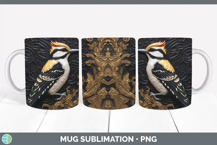 3D Black and Gold Woodpecker Downy Mug Wrap Sublimation Coff
