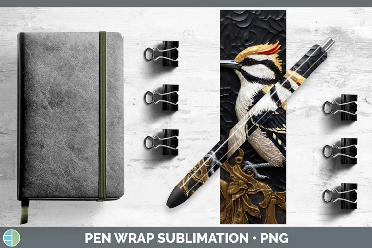 3D Black and Gold Woodpecker Downy Pen Wrap Sublimation Epox