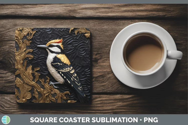 3D Black and Gold Woodpecker Downy Square Coaster Sublimatio